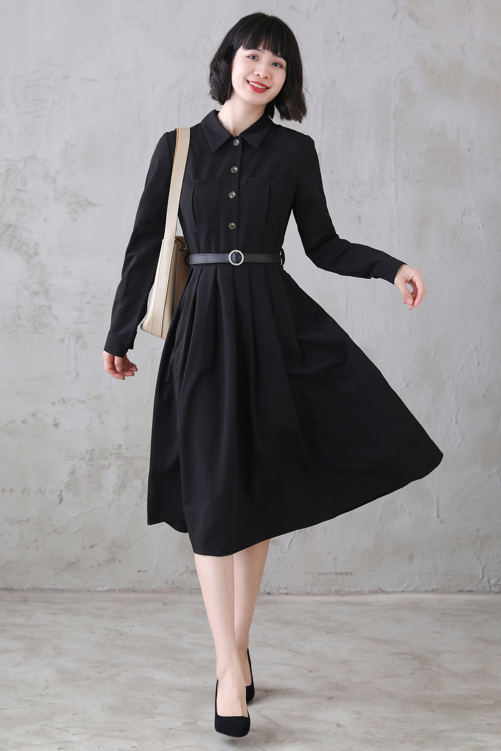 Black Polyester Midi Dress with Vintage-Inspired Pleated Shirtwaist