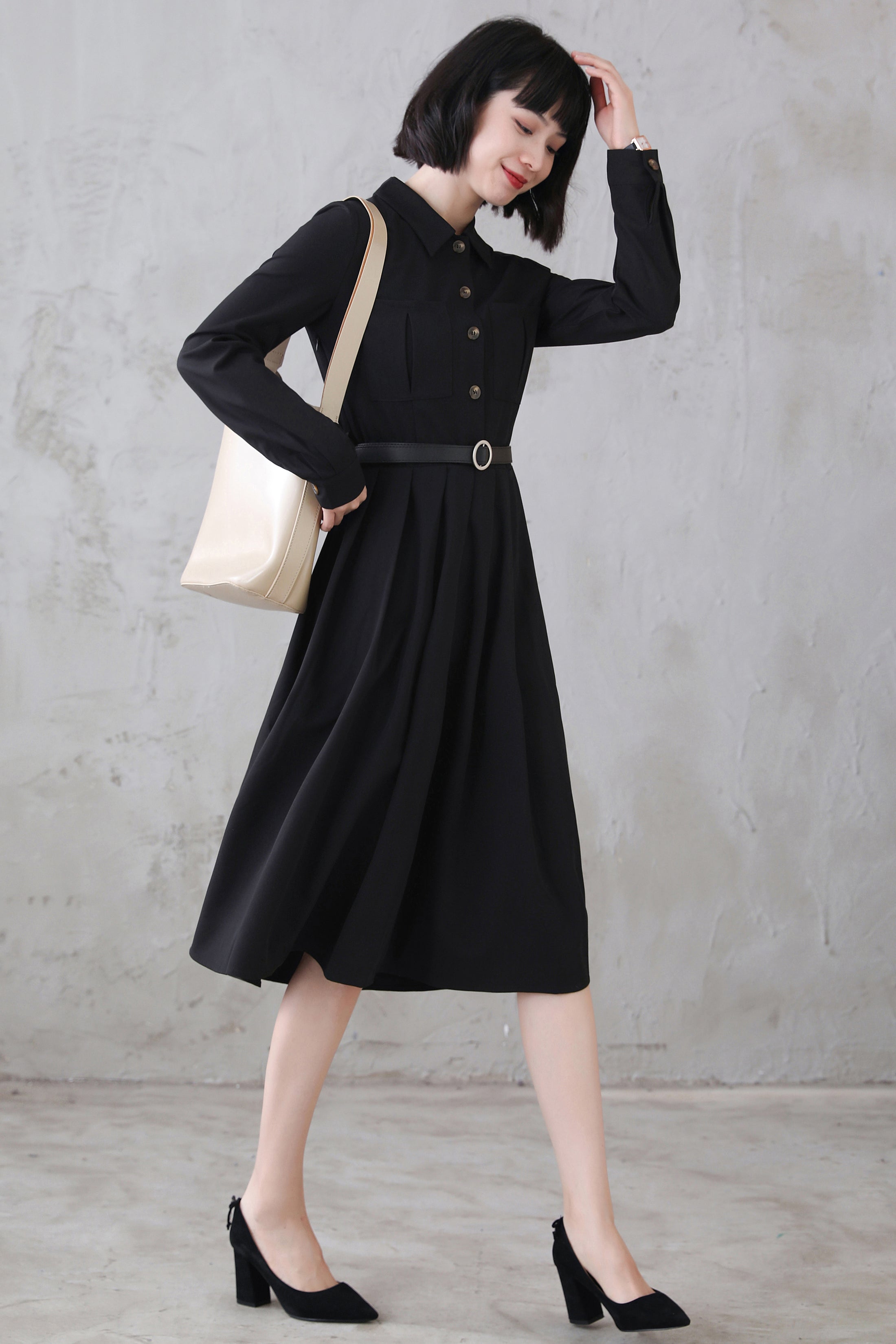 Vintage Inspired Black Shirtwaist Midi Dress 311301 – Xiaolizi