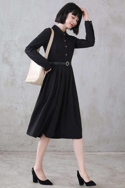 Black Polyester Midi Dress - Vintage-Inspired Pleated Shirtwaist 3113