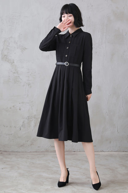 Black Polyester Midi Dress - Vintage-Inspired Pleated Shirtwaist 3113