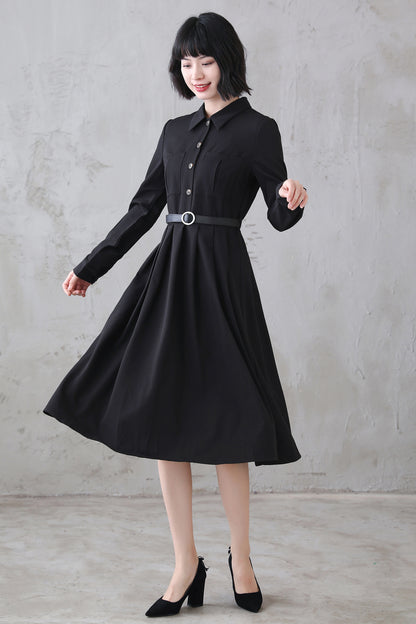 Black Polyester Midi Dress - Vintage-Inspired Pleated Shirtwaist 3113