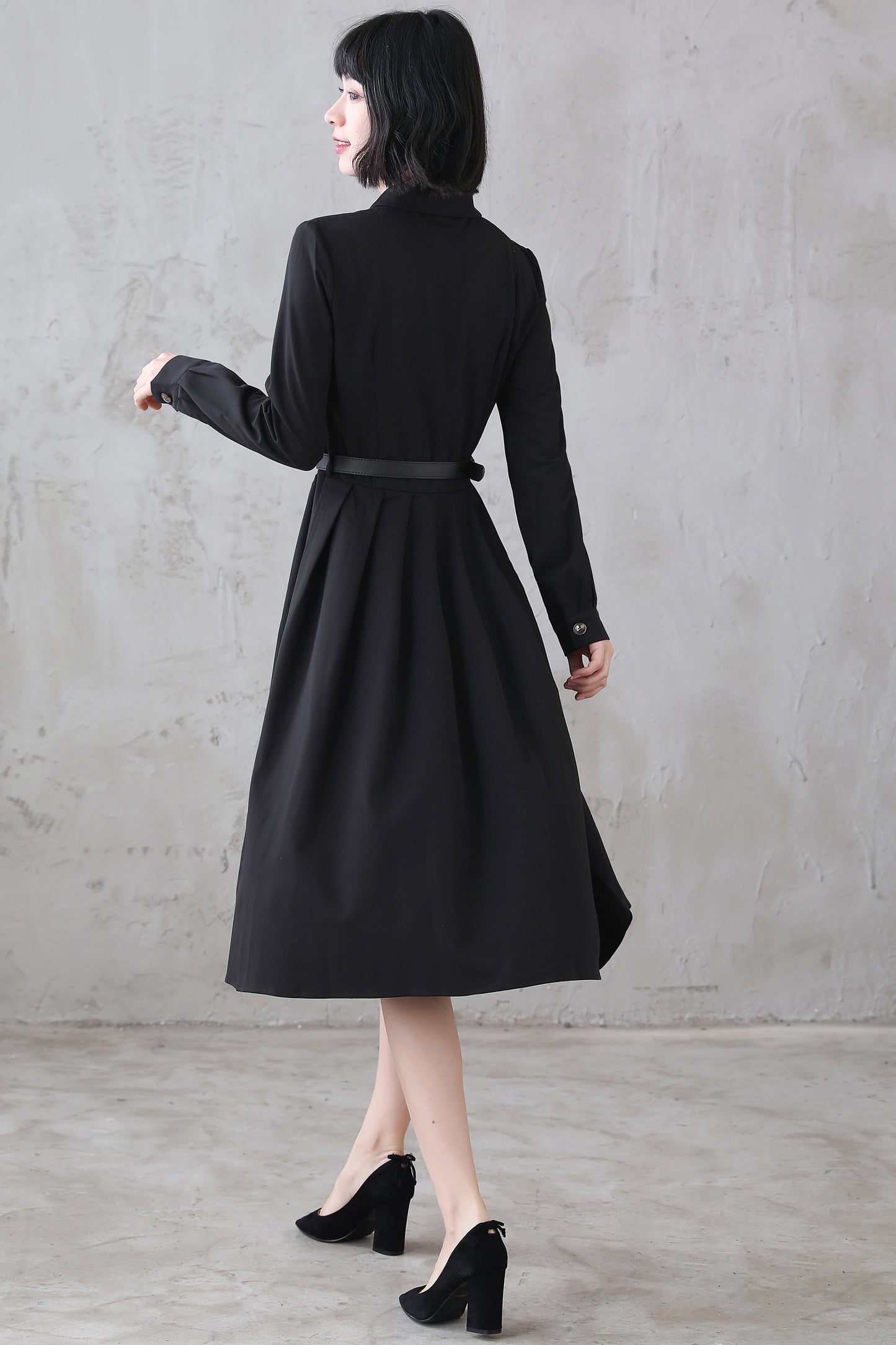 Vintage Inspired Black Shirtwaist Midi Dress 311301