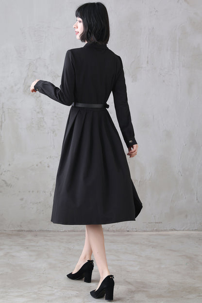 Black Polyester Midi Dress - Vintage-Inspired Pleated Shirtwaist 3113