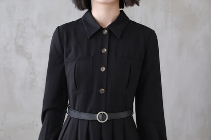 Black Polyester Midi Dress - Vintage-Inspired Pleated Shirtwaist 3113