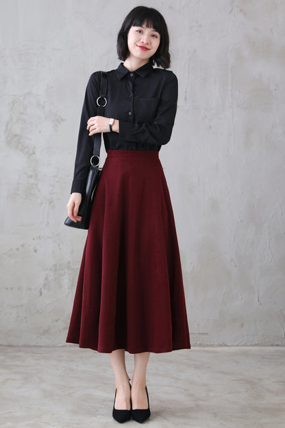 Burgundy Wool Midi Skirt – High Waist A-Line – 3114