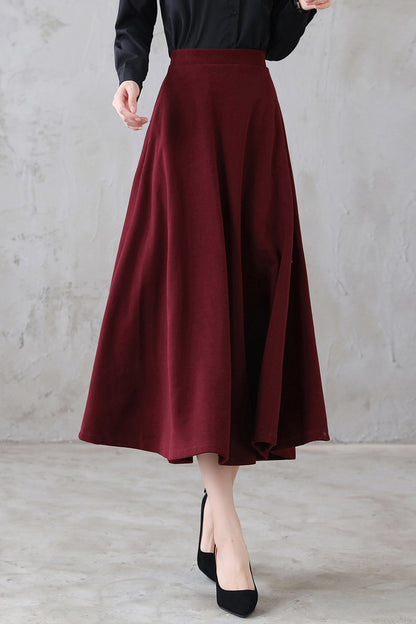 Burgundy Wool Midi Skirt – High Waist A-Line – 3114