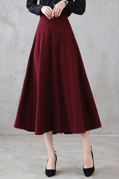 Burgundy Wool Midi Skirt – High Waist A-Line – 3114