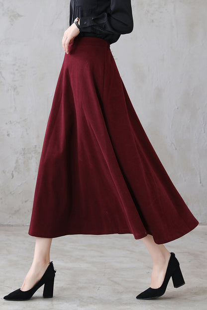 Burgundy Wool Midi Skirt – High Waist A-Line – 3114