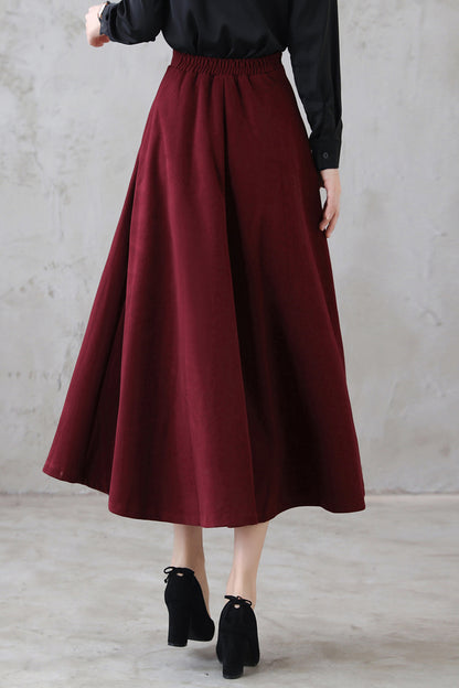 Burgundy Wool Midi Skirt – High Waist A-Line – 3114