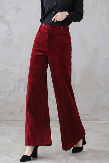 Red Corduroy Wide Leg pants for women 311501