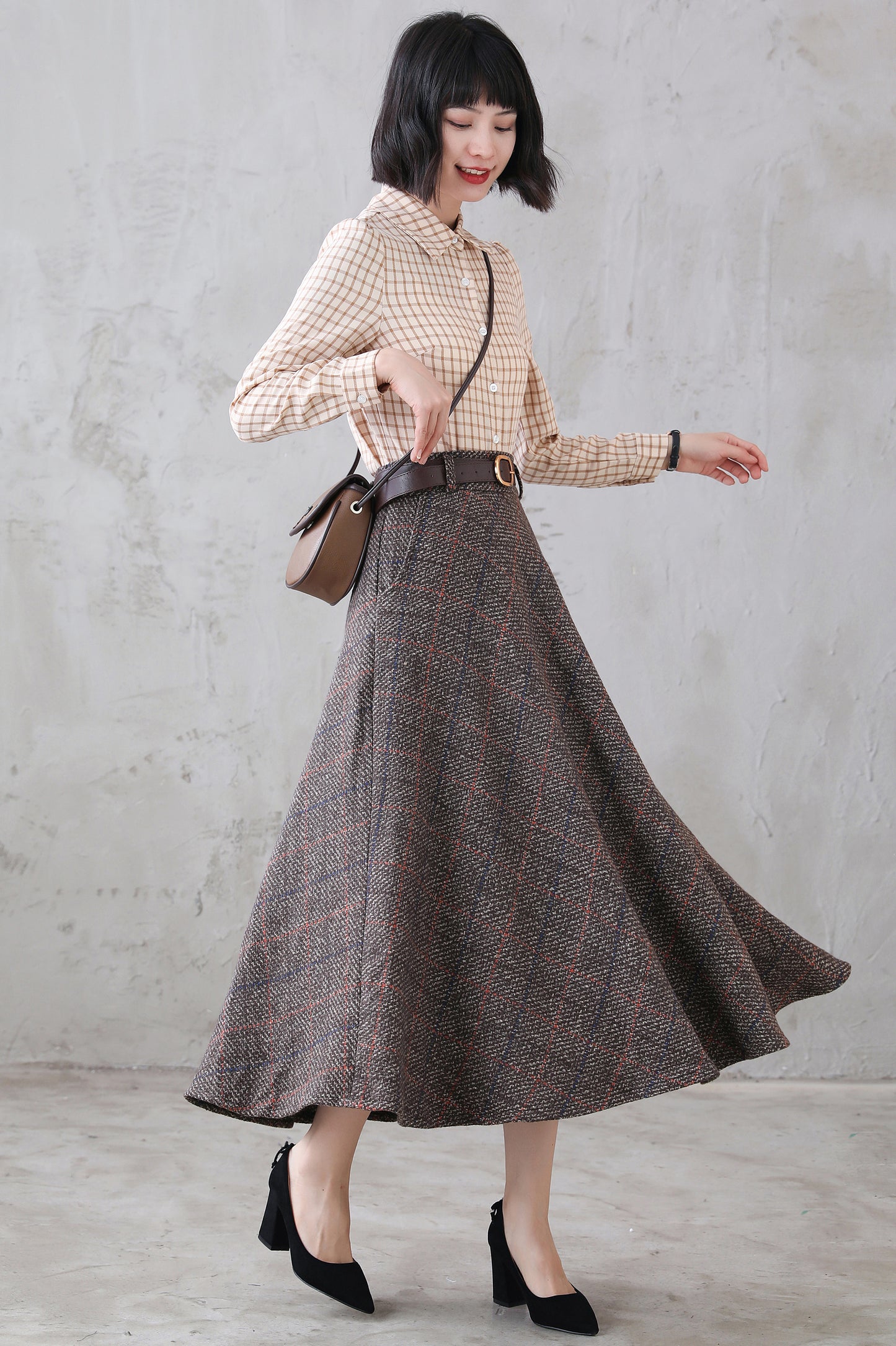 Coffee Plaid Wool Maxi Skirt, Retro Long Skirt 311901