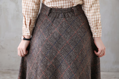 Coffee Plaid Wool Maxi Skirt, Retro Long Skirt 311901