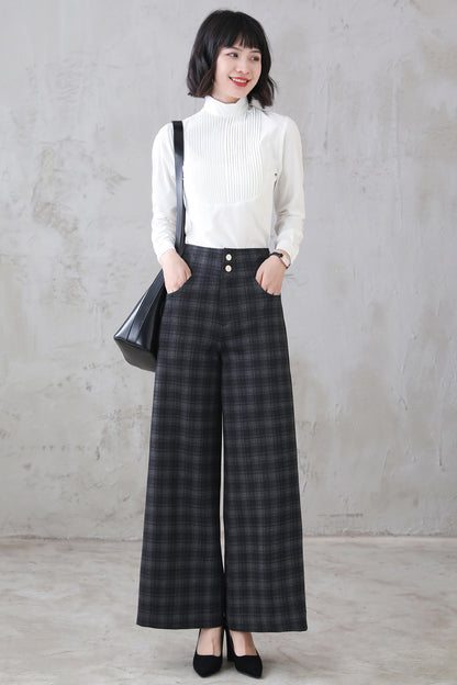 Plaid Wool Blend Wide Leg Pants - High Waist, Straight Silhouette 5402