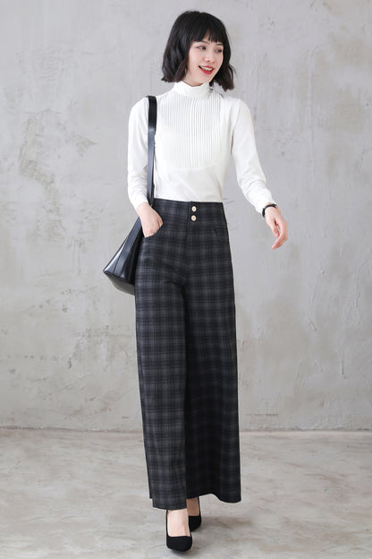 Plaid Wool Blend Wide Leg Pants - High Waist, Straight Silhouette 5402