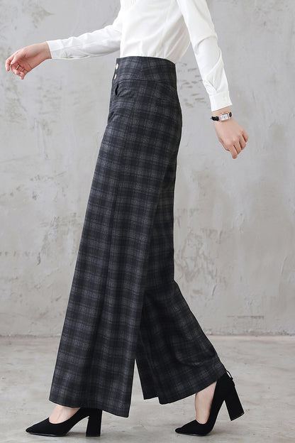 Plaid Wool Blend Wide Leg Pants - High Waist, Straight Silhouette 5402