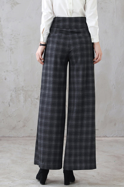 Plaid Wool Blend Wide Leg Pants - High Waist, Straight Silhouette 5402