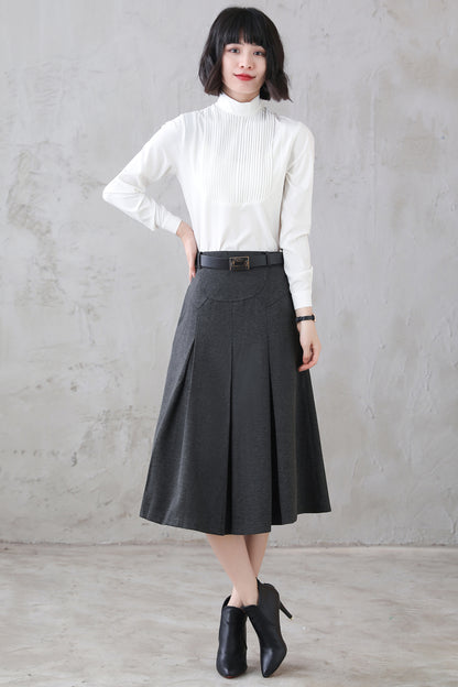Grey Wool Pleated Midi Skirt - Full Silhouette with Side Pockets 3123