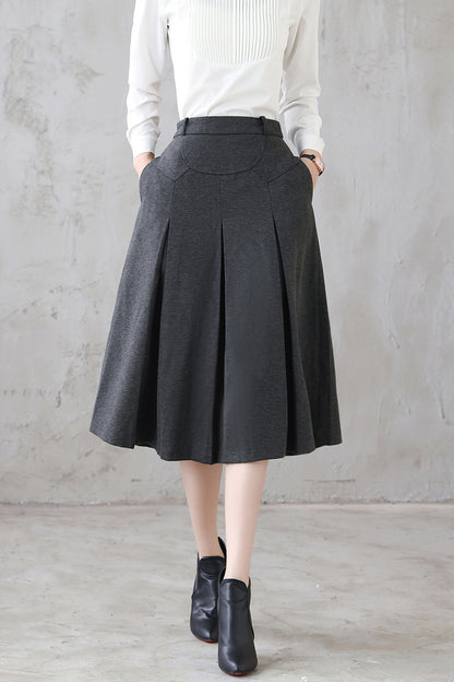 Grey Wool Pleated Midi Skirt - Full Silhouette with Side Pockets 3123