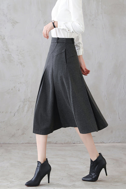 Grey Wool Pleated Midi Skirt - Full Silhouette with Side Pockets 3123