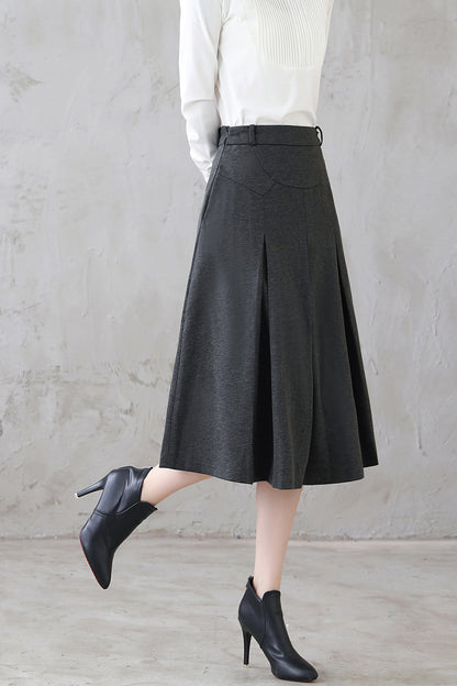 Grey Wool Pleated Midi Skirt - Full Silhouette with Side Pockets 3123