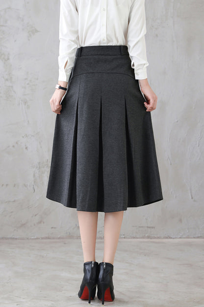 Grey Wool Pleated Midi Skirt - Full Silhouette with Side Pockets 3123
