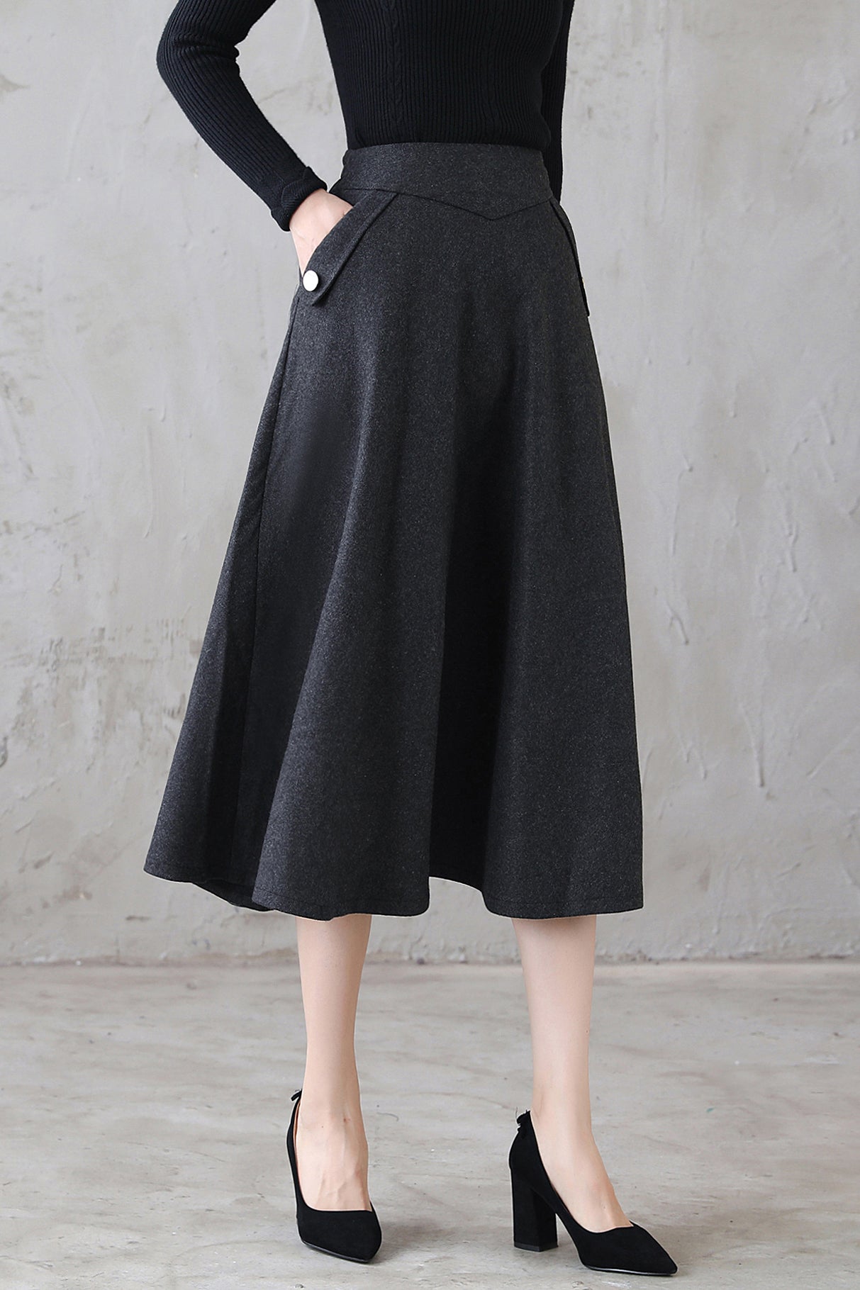 Dark Grey  Winter High Waist Mid Umbrella Skirt 312201
