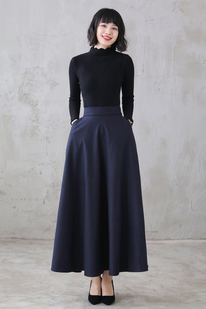 A Line Long Wool Skirt with Pockets 3116