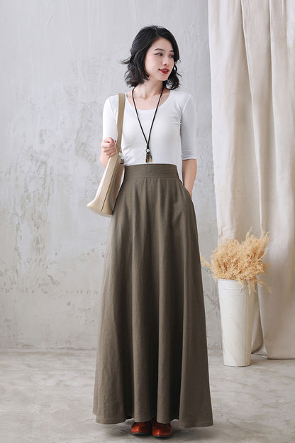 Khaki Linen Maxi Skirt - High Waist A-Line Hidden Zipper | Xiaolizi 2767