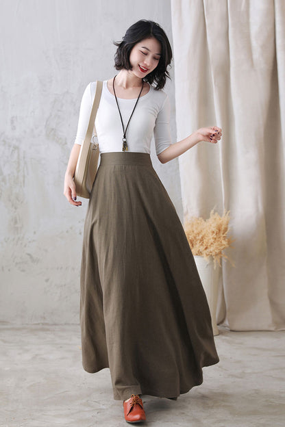 Khaki Linen Maxi Skirt - High Waist A-Line Hidden Zipper | Xiaolizi 2767