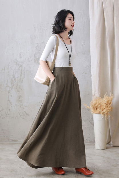 Khaki Linen Maxi Skirt - High Waist A-Line Hidden Zipper | Xiaolizi 2767