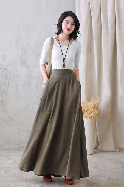 Khaki Linen Maxi Skirt - High Waist A-Line Hidden Zipper | Xiaolizi 2767