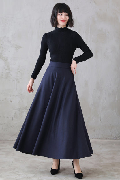 Navy Wool A-Line Long Skirt - Flared Silhouette with Pockets 3116