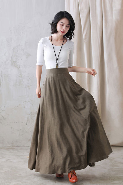 Khaki Linen Maxi Skirt - High Waist A-Line Hidden Zipper | Xiaolizi 2767