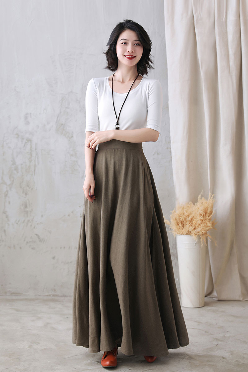 Dark khaki A Line Swing Linen Maxi Skirt with Pockets 276701