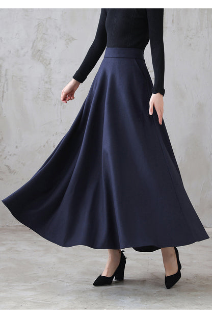 Navy Wool A-Line Long Skirt - Flared Silhouette with Pockets 3116