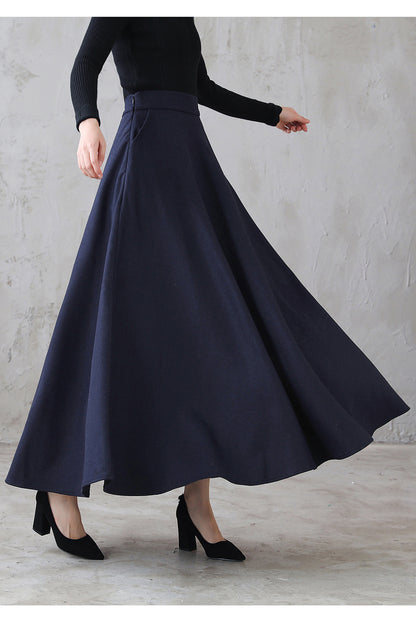 Navy Wool A-Line Long Skirt - Flared Silhouette with Pockets 3116
