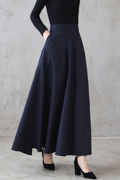 Navy Wool A-Line Long Skirt - Flared Silhouette with Pockets 3116