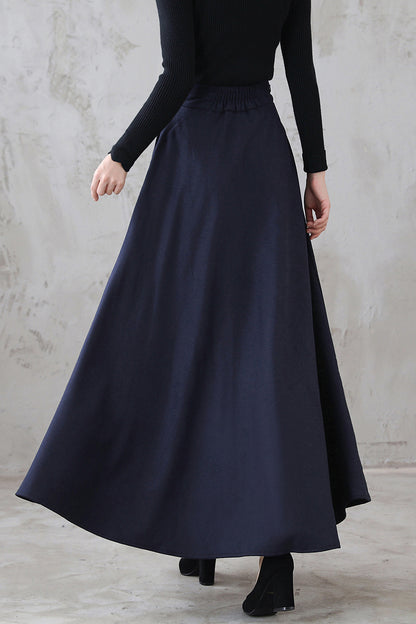 Navy Wool A-Line Long Skirt - Flared Silhouette with Pockets 3116