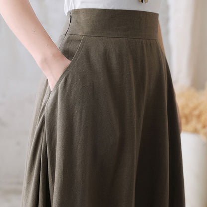 Khaki Linen Maxi Skirt - High Waist A-Line Hidden Zipper | Xiaolizi 2767