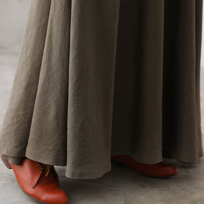 Khaki Linen Maxi Skirt - High Waist A-Line Hidden Zipper | Xiaolizi 2767