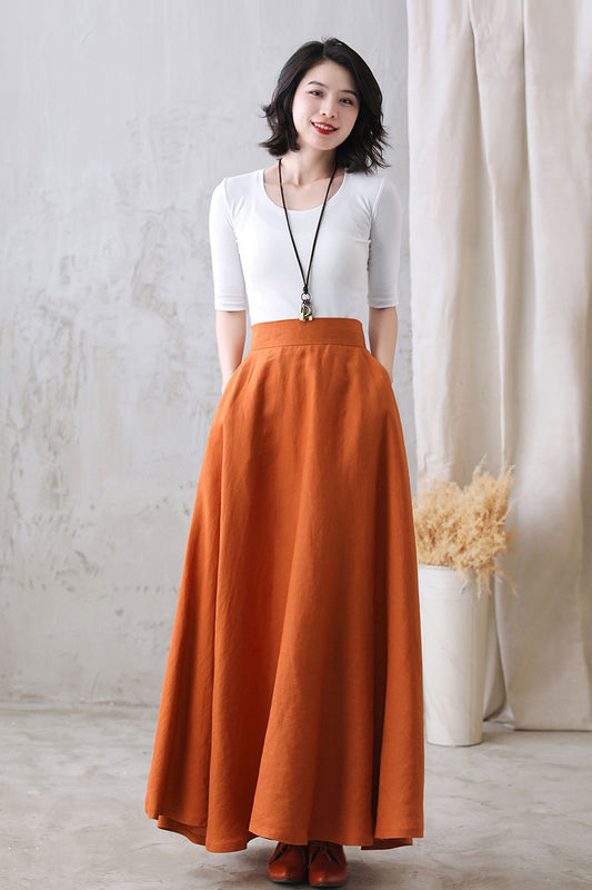 A Line Organic Swing Linen Maxi Skirt with Pockets  276801#