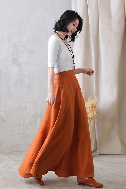 A Line Organic Swing Linen Maxi Skirt with Pockets  276801#