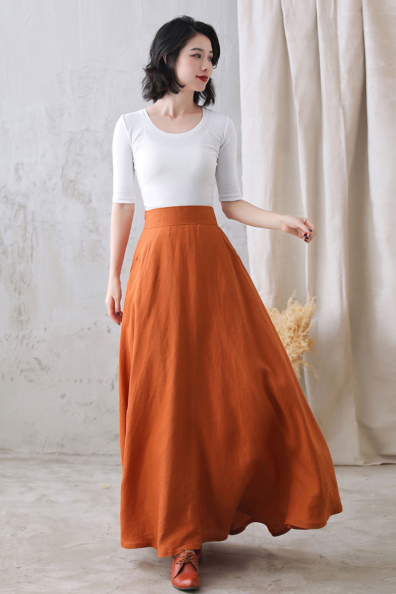 A Line Organic Swing Linen Maxi Skirt with Pockets  276801#