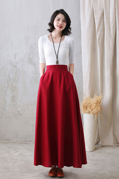 Autumn Flowy Swing Linen Maxi Skirt with Pockets  2769