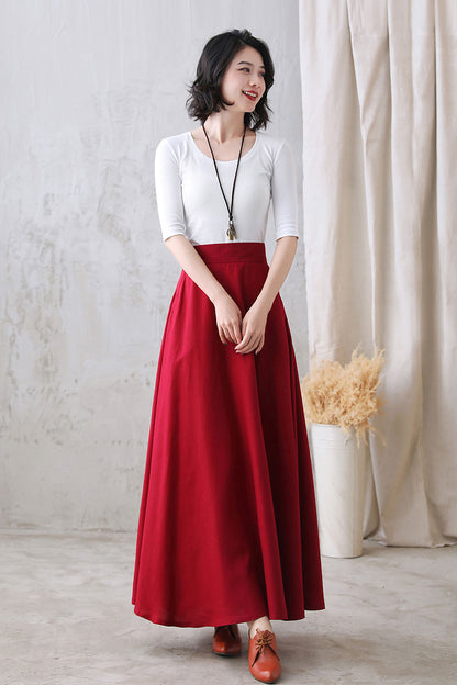 Autumn Flowy Swing Linen Maxi Skirt with Pockets  2769