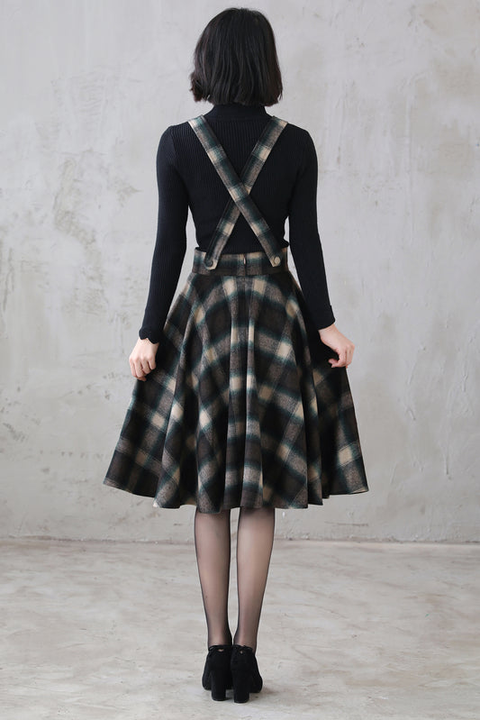 Retro Plaid Wool Suspender Skirt – High-Waist Circle Shape – 3111