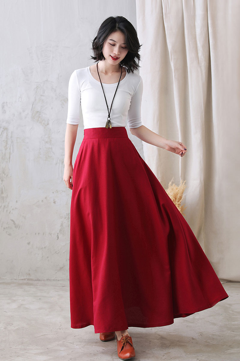 Autumn Flowy Swing Linen Maxi Skirt with Pockets  276901#