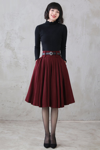 Burgundy Wool Midi Skirt – Vintage High Waist Pleated Circle Skirt 3110