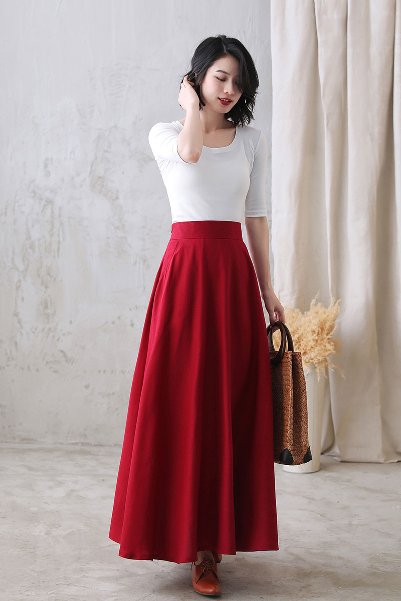 Linen Skirt 1950s Red Midi Skirt Bright Red Linen Midi Skirt Full