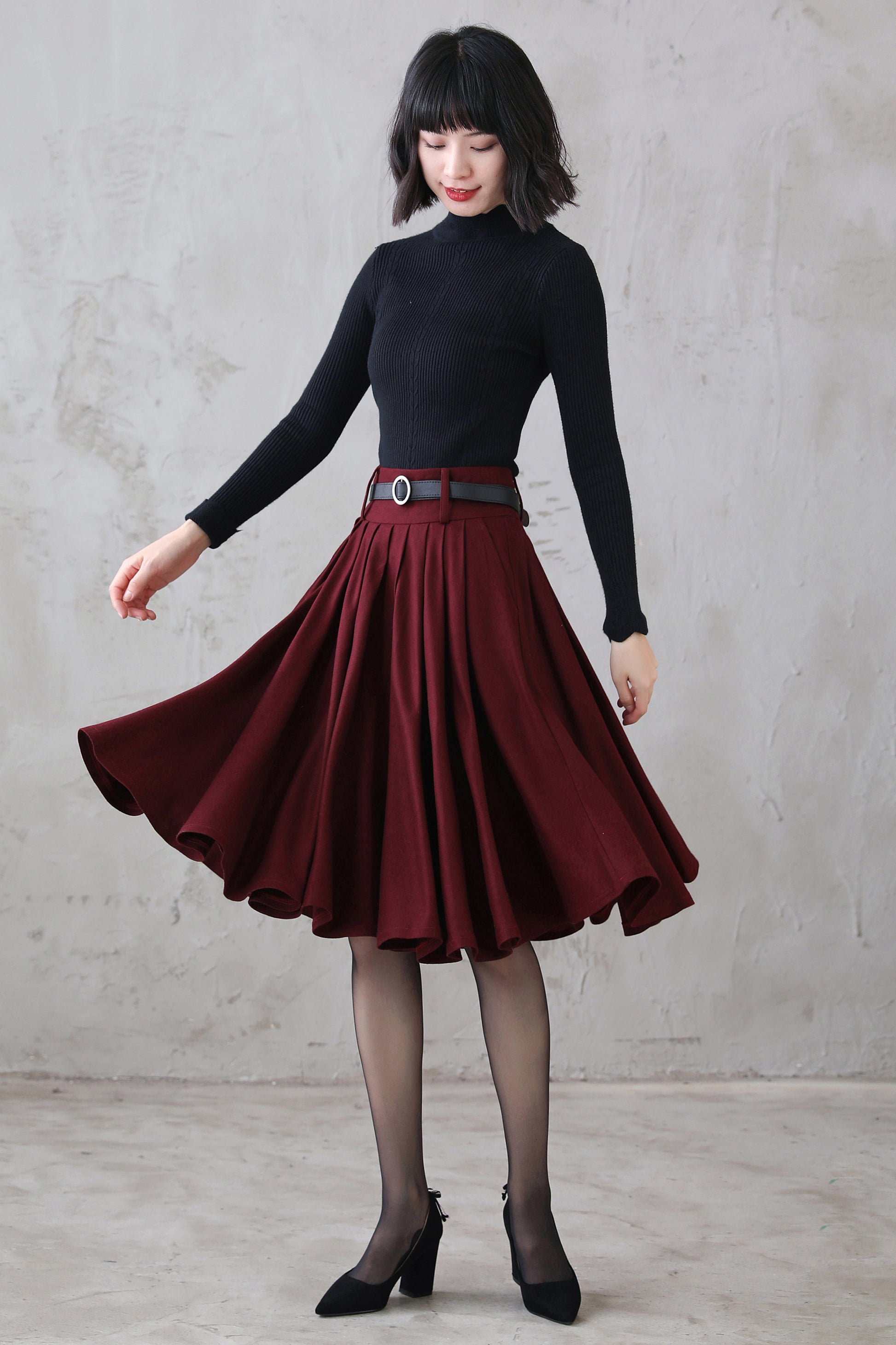 A Line Pleated Burgundy Midi Wool Circle Skirt 3110 – XiaoLizi